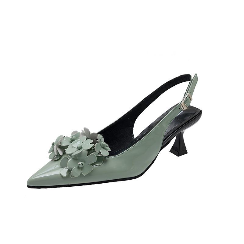 

Зеленые туфли-лодочки с цветком, женские, с открытой пяткой, новые, весенне-летние, на тонком среднем каблуке, одинарные, женские дышащие туфли 40 зелёный