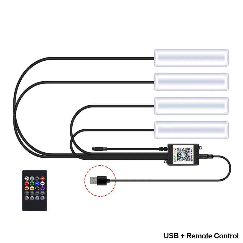 

4 шт. светодиодная подсветка салона автомобиля, подсветка для ног, с USB-зажигалкой, декоративной лампой с дистанционным управлением через приложение