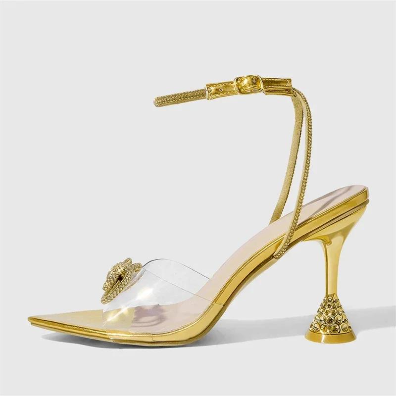 Women Crystal Bow High Heels Transparent PVC Pumps Ankle Strap Buckle Elegant Fashion Party Banquet Dress Shoes Summer Footwear