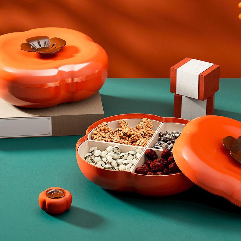 Persimmon Shape Snack Tray 4 Compartments Fruit Box Snack Container Serving Tray with Lid for Home