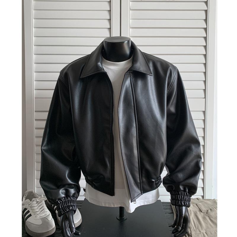 Autumn New Leather Jacket Fake Trendy Men Loose Short Shoulder Padded Jacket Retro Leather Jacket Men