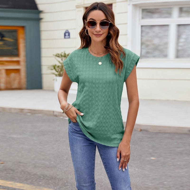 

Летняя футболка с круглым вырезом и коротким рукавом, женская модная повседневная элегантная блузка, простая новая однотонная сетчатая футболка, женская одежда 3582 XXL темно-зеленого