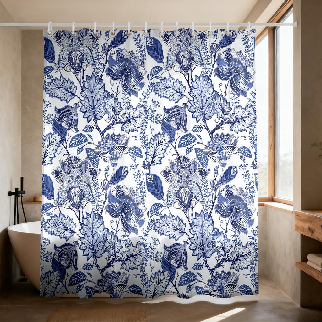 Perdea de duș albastră florală în stil chinezesc 90g/m² Impermeabilă Vintage Imprimeu porțelan Decor baie cu cârlige