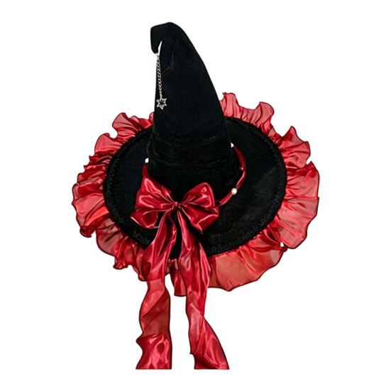 Xiaobudian Halloween Witch Hat for Women, Velvet Wizard with Ruffle Brim And Bow Party, Masquerade, Cosplay Costume Accessory
