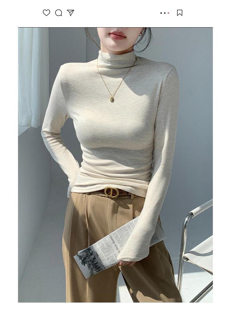Women's H393 High Neck Warm Slimming Long Sleeve Top - Autumn/Winter Solid Color Versatile Mid-Neck Base Layer Shirt.