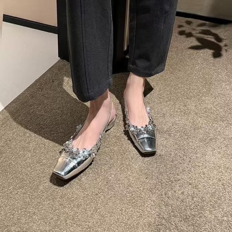 Fashion Women's Spring New Fashion Square Toe Designer Sequin Patent Leather Slingback Loafers Casual Comfort Breathable Low Top Shoes
