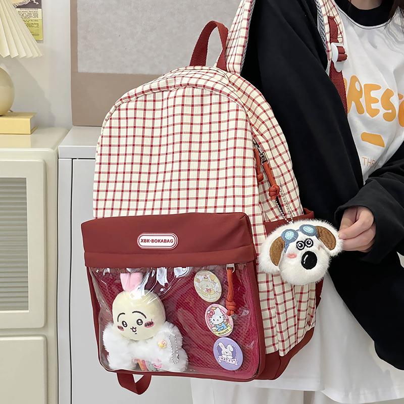 Girls Color Block Backpack Primary School Student Schoolbag Plaid Printed Small Backpack Travel Bag