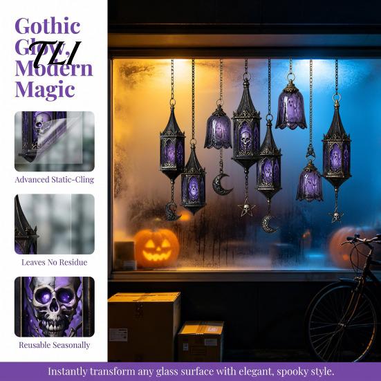 Easy To Apply Wall Stickers Spooky Halloween Window Static Sticker, Pumpkin Bat And Witch Patterns Self Adhesive Film Printed, Decorative