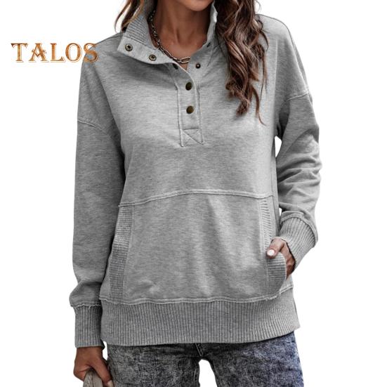Fall Spring Women Sweatshirt Half-open Stand Collar Solid Color Loose Pullover with Big Pocket Elastic Cuffs OL Commuting Daily Top