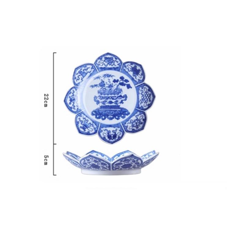 Ceramic Blue and White Eight Auspicious Offering Buddha Fruit Plate Eight Treasures Lotus Plate  Buddhist utensils and supplies