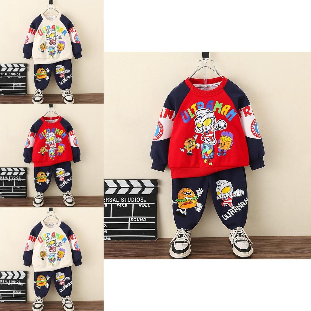 Trendy Ultraman Boys Autumn Sports Outfit Set Soft Cotton Two Piece Hoodie For Kids