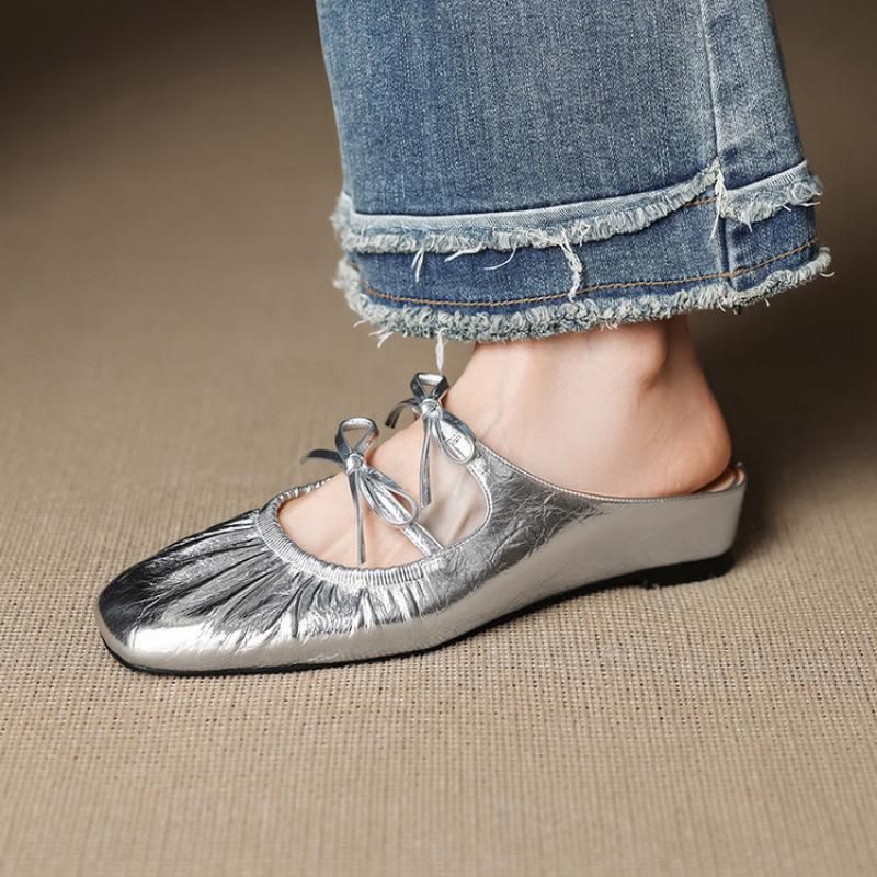 

Summer square head silver cool slippers women s new bag head half drag French retro inner height increase outer wear soft bottom one pedal 40 серебряный