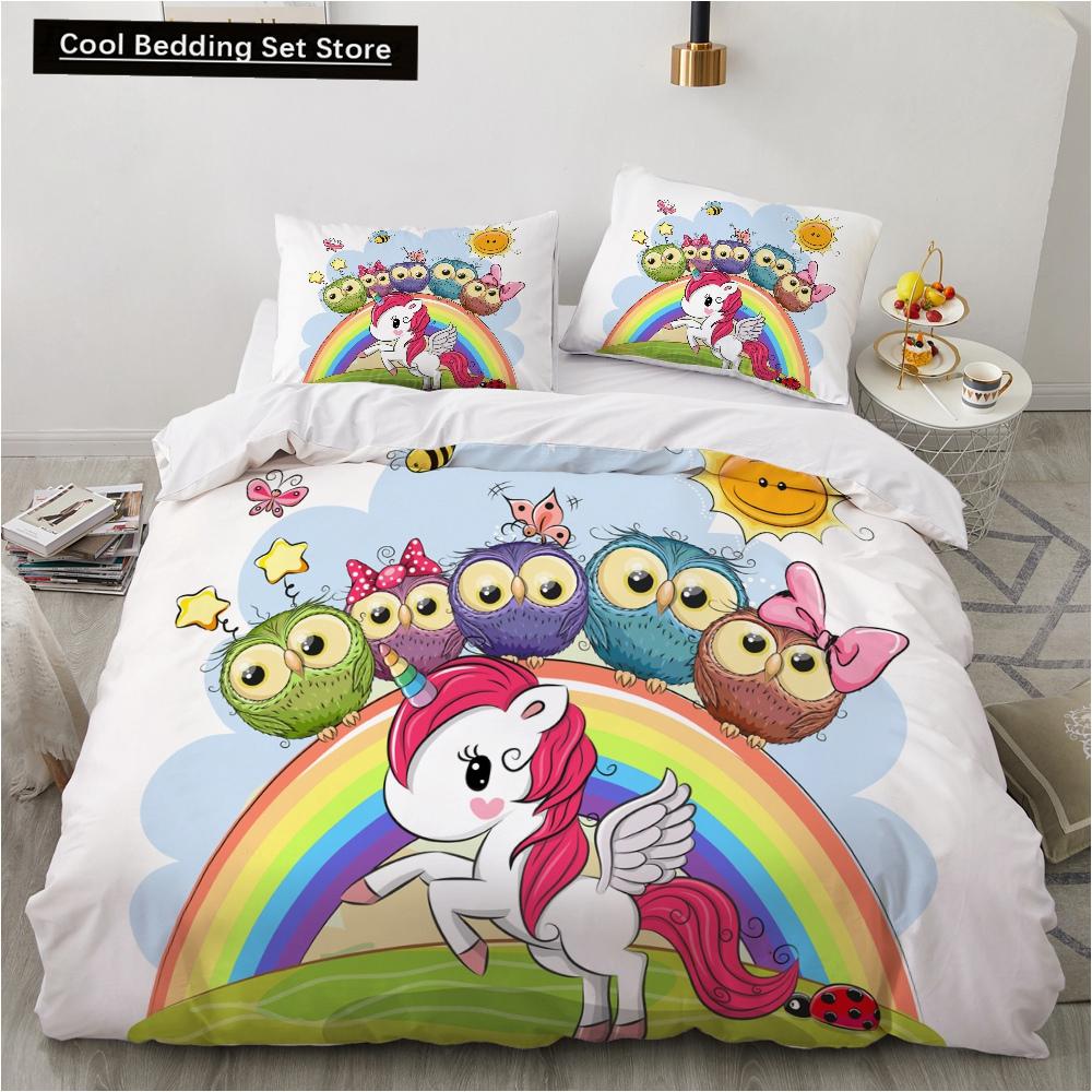 Children Kids Baby Pink Bedding Set Queen King Cartoon Unicorn White Duvet Cover Twin Full Colorful 2/3pcs Polyester Quilt Cover