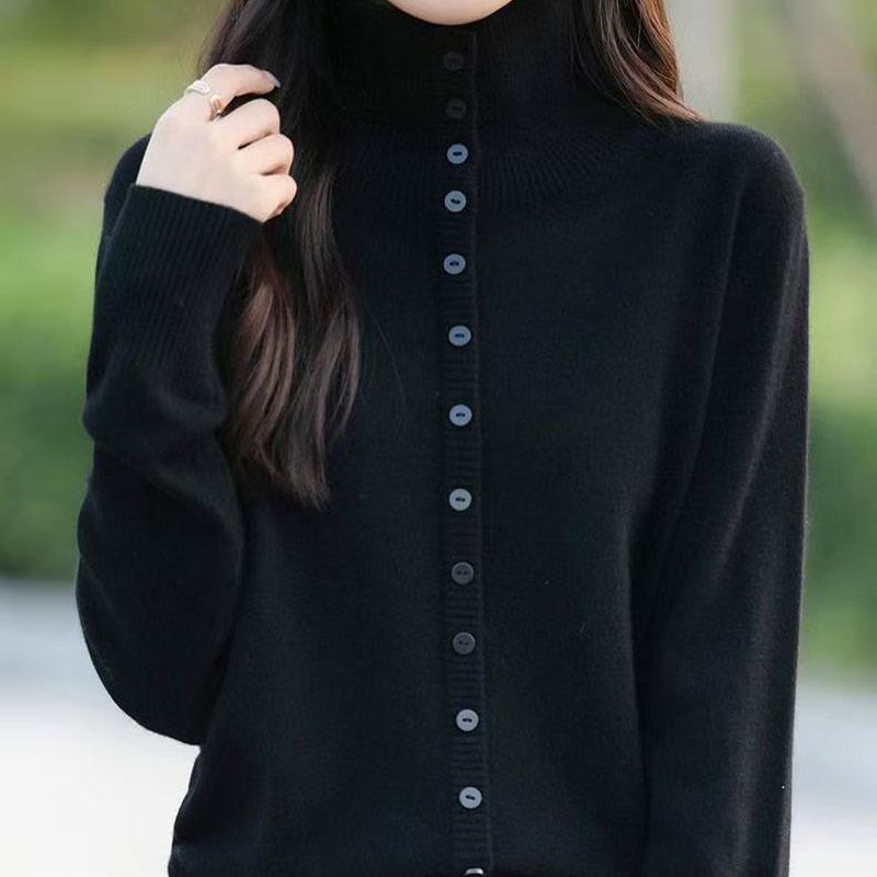 Cross2025 Women's Thickened High Collar Wool Sweater Coat - Autumn/Winter Temperament Simple Lapel Top