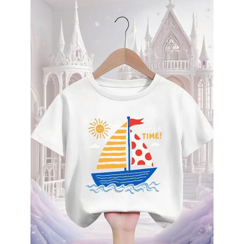 European Sizes Short Sleeve T-Shirt for Boys And Girls, with Sailboat And Sun Print - Soft And Breathable Crew Neck Shirt