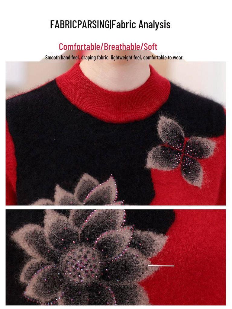 Plus Size Knitted Sweater for Women: Thickened Velvet Autumn and Winter Coat for Middle-Aged & Elderly