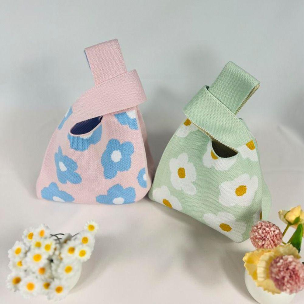 Fashion Flower Embroidery Knitted Handbag Women Mini Knot Wrist Bag Casual Tote Bag Student Handmade Shopping Bags