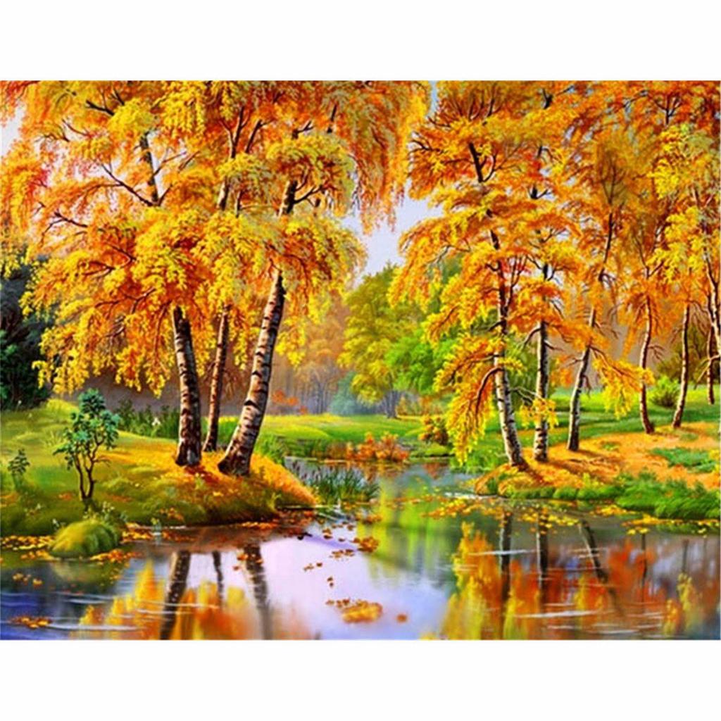 Full Round Diamond Painting Landscape Fallen Leaves Diamond Art Embroidery Scenery Home Decor 30x40cm/12x16inch
