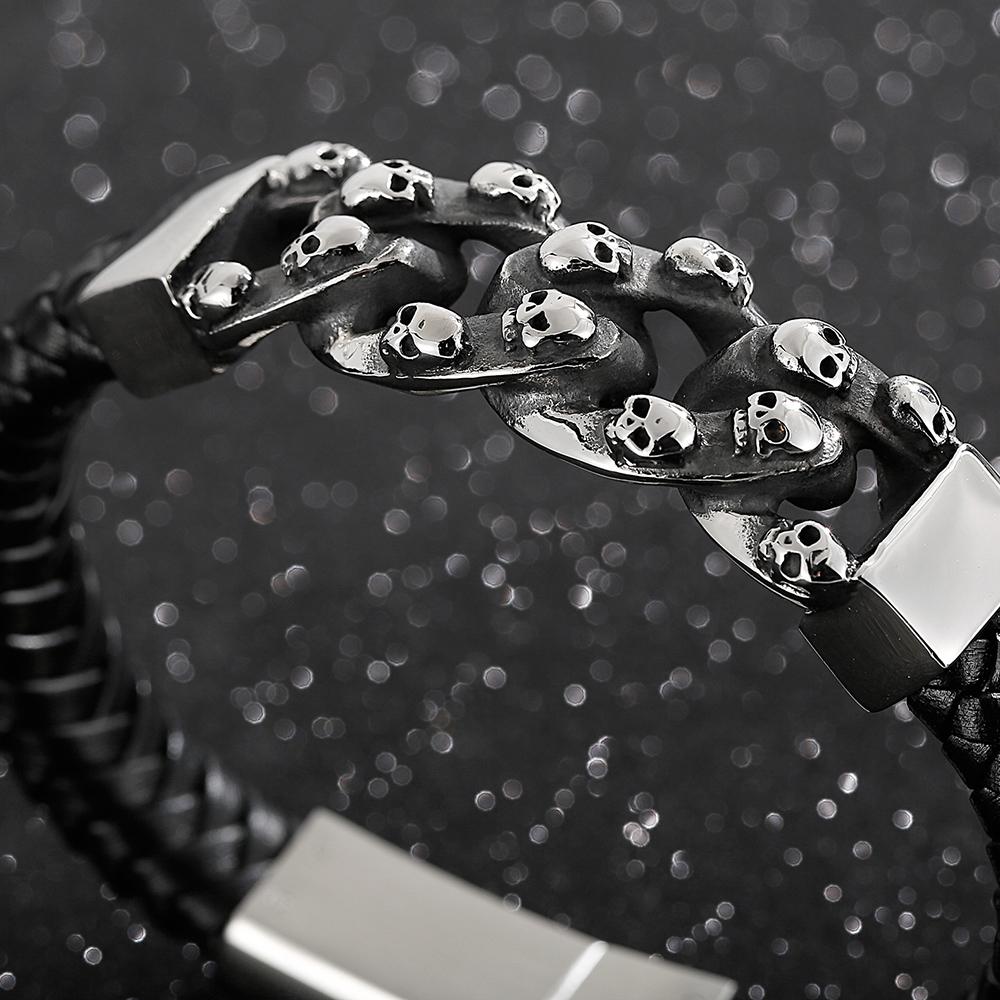 Punk 316L Stainless Steel Skull Bracelet for Men Vintage Men's Braided Leather Rope Chain Wrap Bracelets Massive Male Jewelry