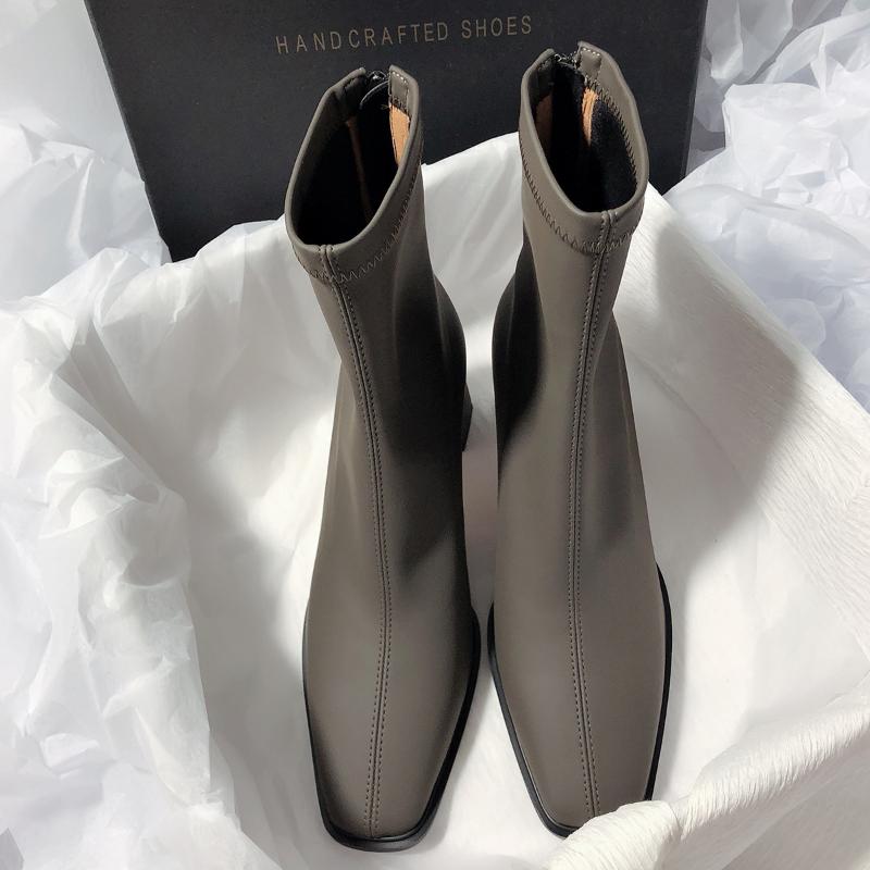 Square Ankle Boots Autumn Comfortable Soft Leather High Heel Boots Women's Fashion Zipper Simple Temperament Women's Shoes