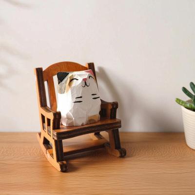 Small Hand-Carved Wooden Animal Figurine Cute Rocking Chair Cat/Dog/Fox Statue for Desk Home Office Decor