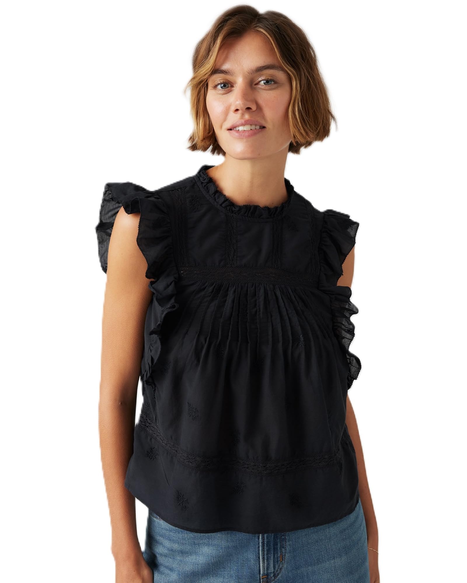 Levi s EDITH Flutter Sleeve High Neck Ruffle Blouse Sleeveless Women s BLACK чёрный