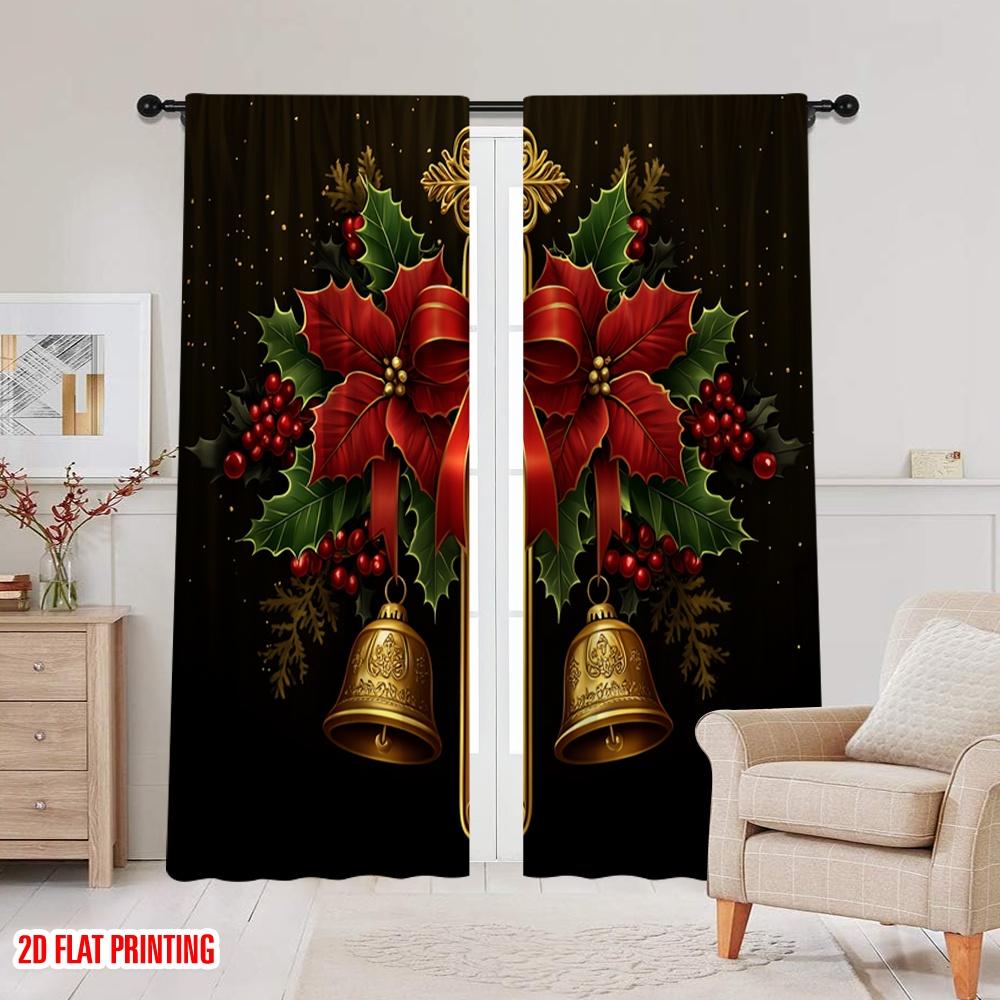 2pcs,2D Plane Printing Pattern Curtains Christmas Bells Holly Poinsettia (4) Versatile Durable Polyester (without Rod) Home