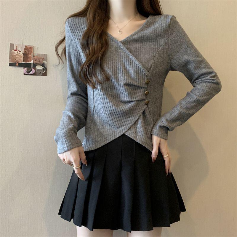 Women's Plus Size Ribbed Irregular Long Sleeve Top - Korean Style, Loose Fit, Slimming Base Layer for Autumn/Winter.