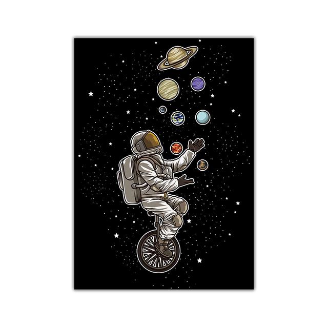 Astronaut with Planet Cartoon Nursery Child Plakát Roztomilá umělecká reprodukce Nástěnná malba Dekorace Obrázek Nordic Kid Dětská výzdoba pokoje