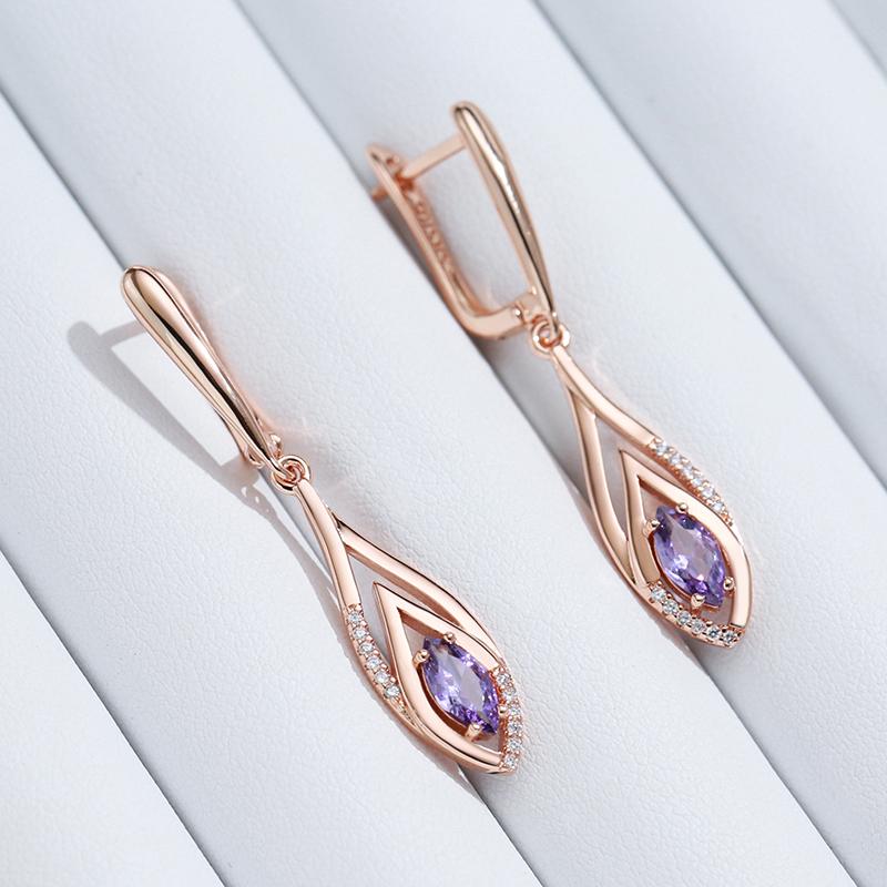 Shiny Purple Natural Zircon Long Dangle Earrings For Women  Rose Gold Color Vintage Ethnic Bride Daily Fine Jewelry