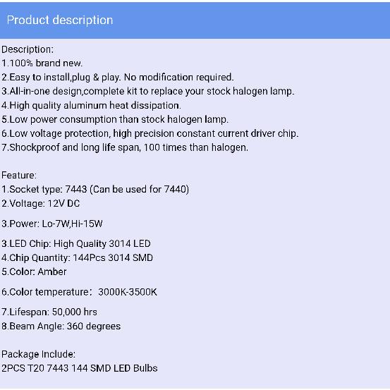 2025 Update Amber 7443 7440 T20 LED CANBUS 144SMD Car Turn Signal Light Parking Lamp BulbTurn Signal 2