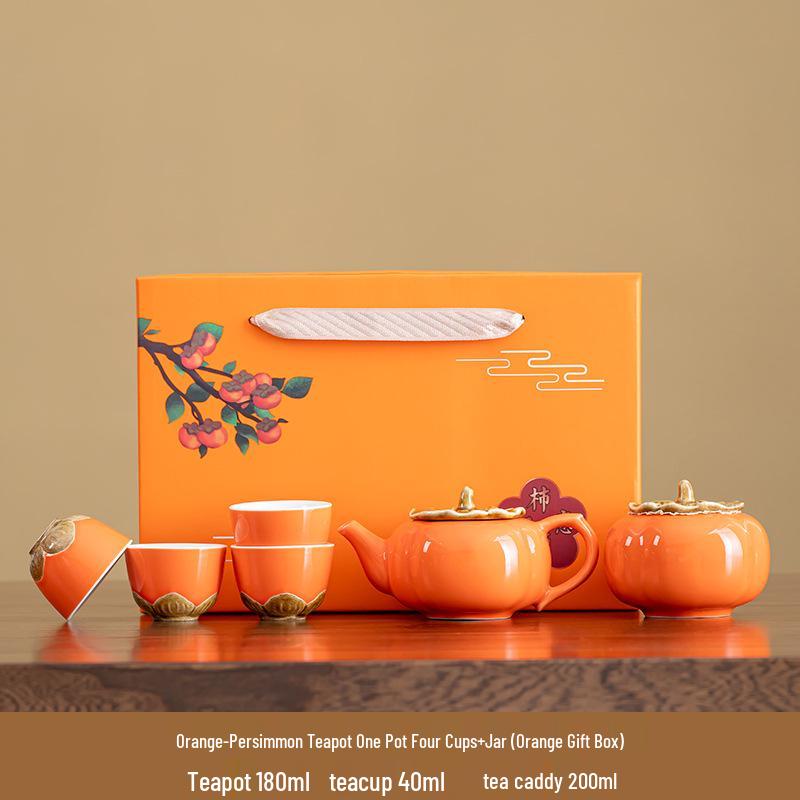 Persimmon Ruyi Ceramic Tea Set with Gift Box - Complete Ruyi Teapot Set