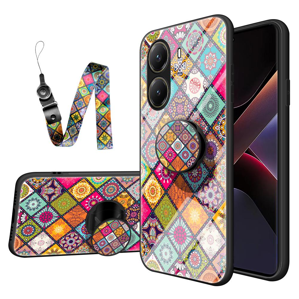 

For Xiaomi Poco X7 Pro 5G/Redmi Turbo 4 5G Case Kickstand Ethnic Pattern Tempered Glass Phone Cover with Strap Color Pattern