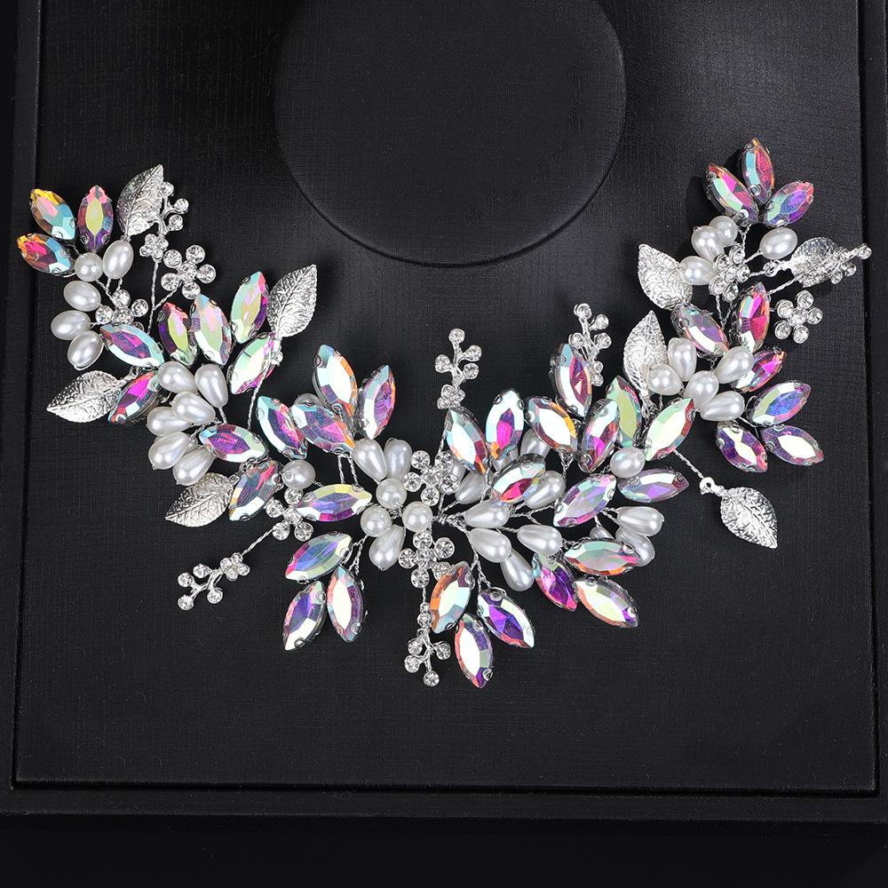 Trendy Silver Rhinestone Bridal Headband Handmade Pearl Wedding Hair Accessories Opal Party Tiaras Head Jewelry for Women Girls