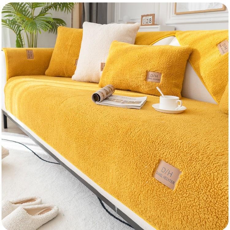 Non-Slip Leather Sofa Cover, Shearling Sofa Cushion, Thickened Fleece Seat Pad for Fall and Winter, Luxury-Style Cover Cloth