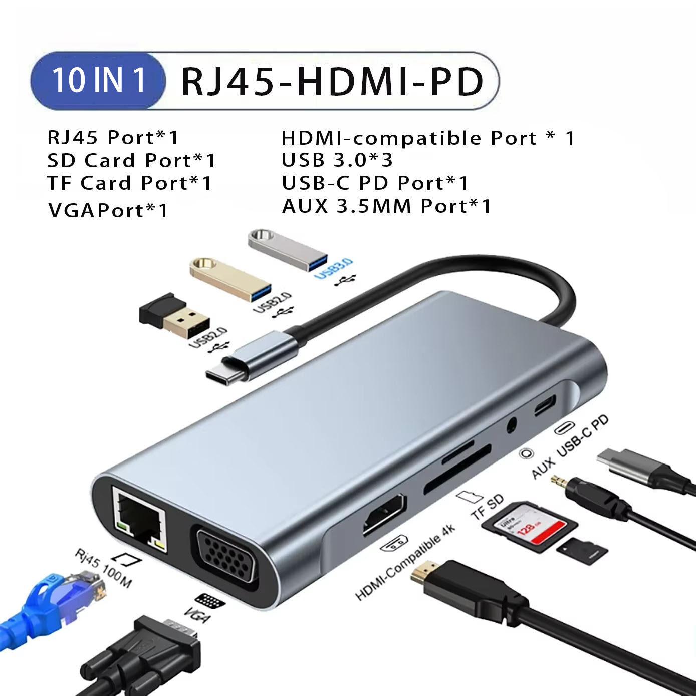 10 Ports USB C HUB Type C Adapter to HDMI-Compatible 4K VGA RJ45 SD/TF Card 3.5MM AUX 10 Port Docking Station PC Laptop Splitter