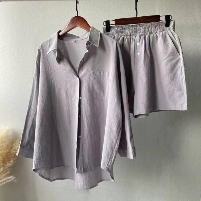Summer Cotton and Linen Solid Color Shirt Two-piece Shorts Fashion Women's Suit