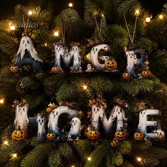 Halloween Wooden Hanging Ornaments Letter Ornament, Spooky Alphabet Letters Pendant with Ghost Handmade Craft Supplies for Parties Pumpkin Witch