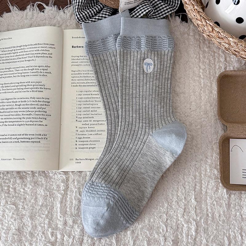 

2026 Girls Bow Embroidery Mid-Calf Socks - Spring & Autumn Cotton Color Block Design One Size (35-40) синій