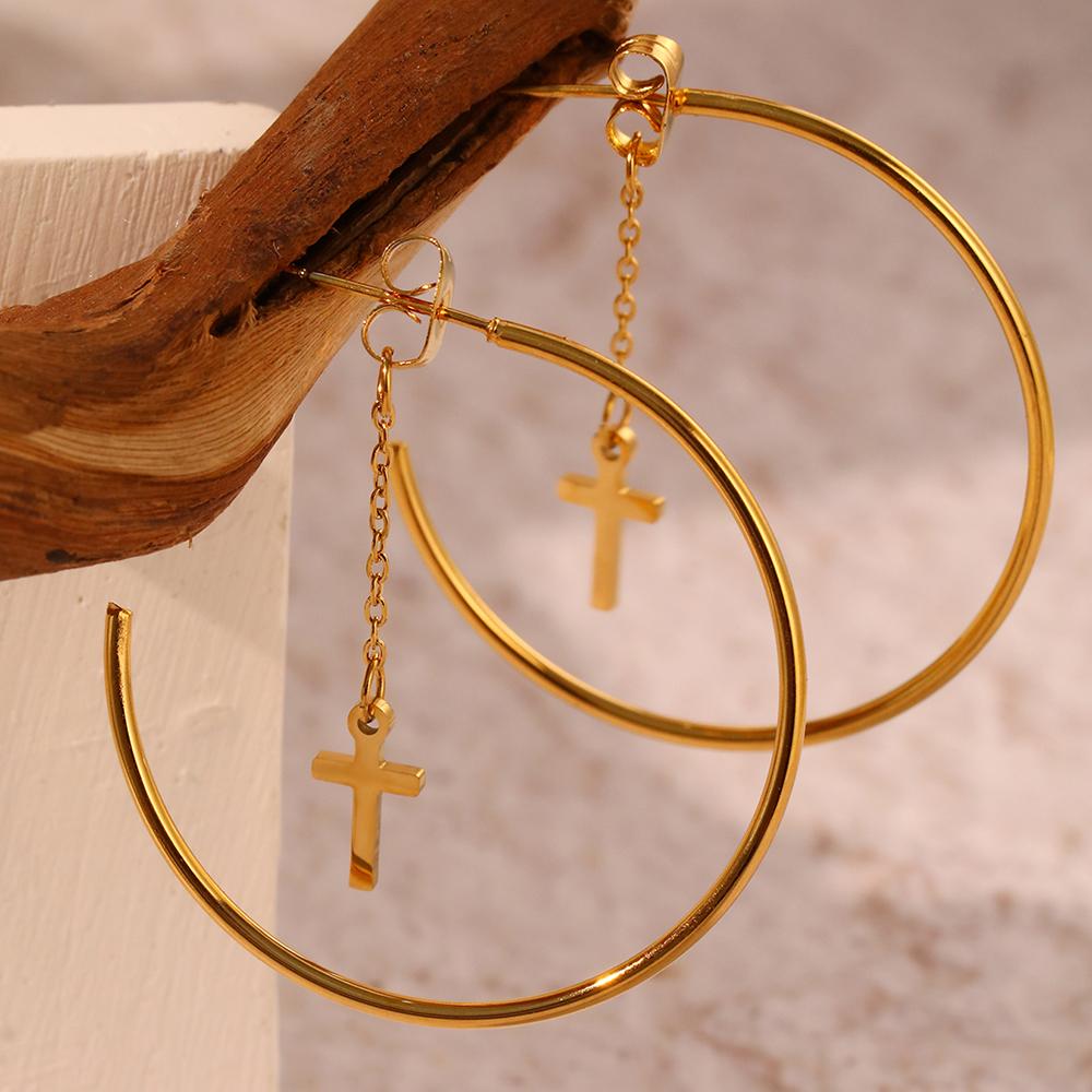 Stainless Steel Earrings C-shape Punk Cross Pendant Classic Fashion Personality Dangle Earrings For Women Zircon Banquet Gifts