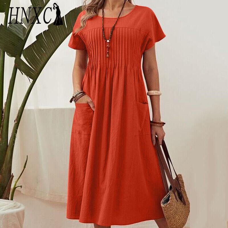HNXC Dame Mote Sommer Vår Ensfarget Trykk O-Hals Høy Midje Casual Kjoler