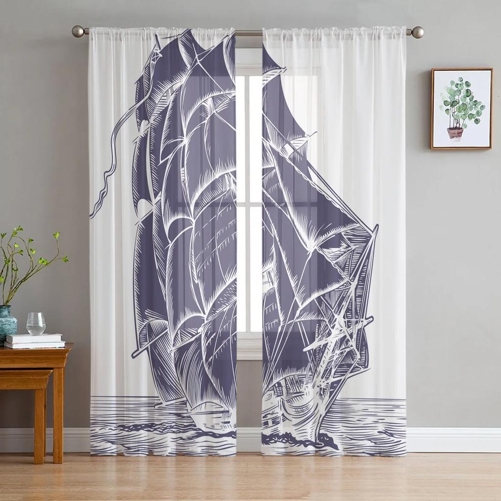 Tropical Arbor Pirate Ship Plank Tulle Window Curtains Living Room Organza Sheer Voile Curtain Bedroom Kitchen Home Decor Drape