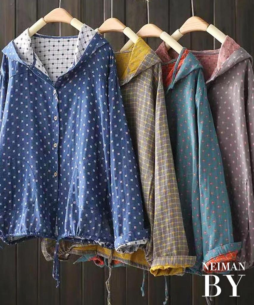 Neiman by Long Sleeve Gauze Dotted Mountain Girl Size Women's Hoodie, Double-Breasted, Print, Girl/Forest Style, M, Blue, 5S-N01-BLM