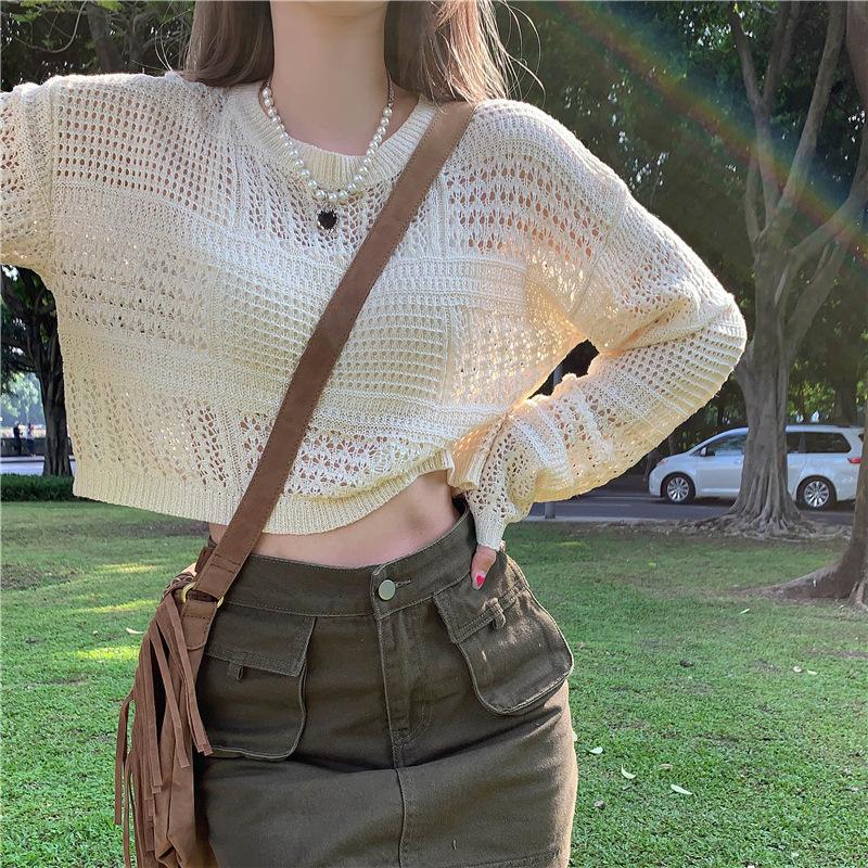 

Fashion thin hollow top blouse women s clothing summer design foreign loose short long-sleeved knitted sweater Average size 45-233-1 абрикосовий