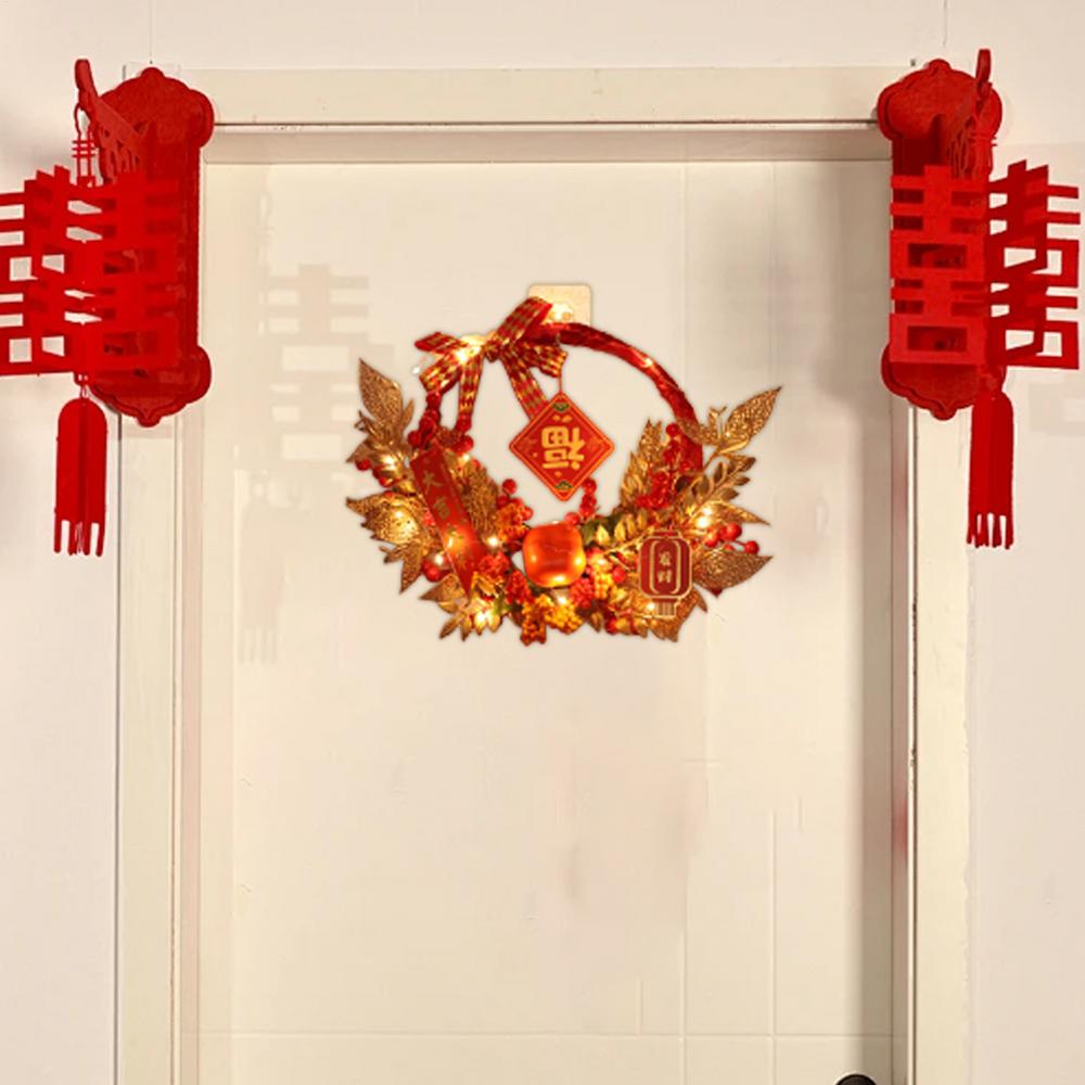 New Year Red Artificial Flower Ornament Good Luck Traditional Chinese Signs Front Door Wreath Artificial Wreath Built-in Led