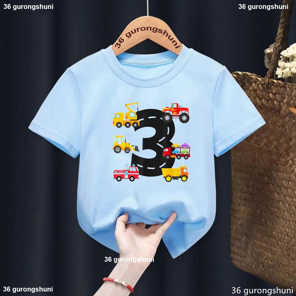 Kids Clothes 3th Birthday Gift For Girls/Boys Tshirt Digging Machine Tractor Car Print T Shirt White /Blue/Yellow/Gray T-Shirt