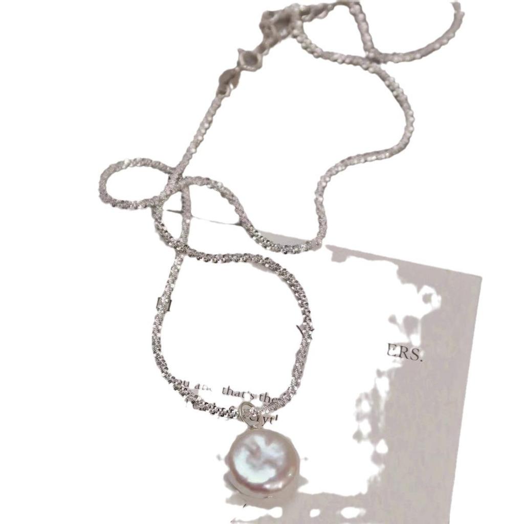 S925 Sterling Silver Baroque Pearl Pendant Necklace with Clavicle Chain