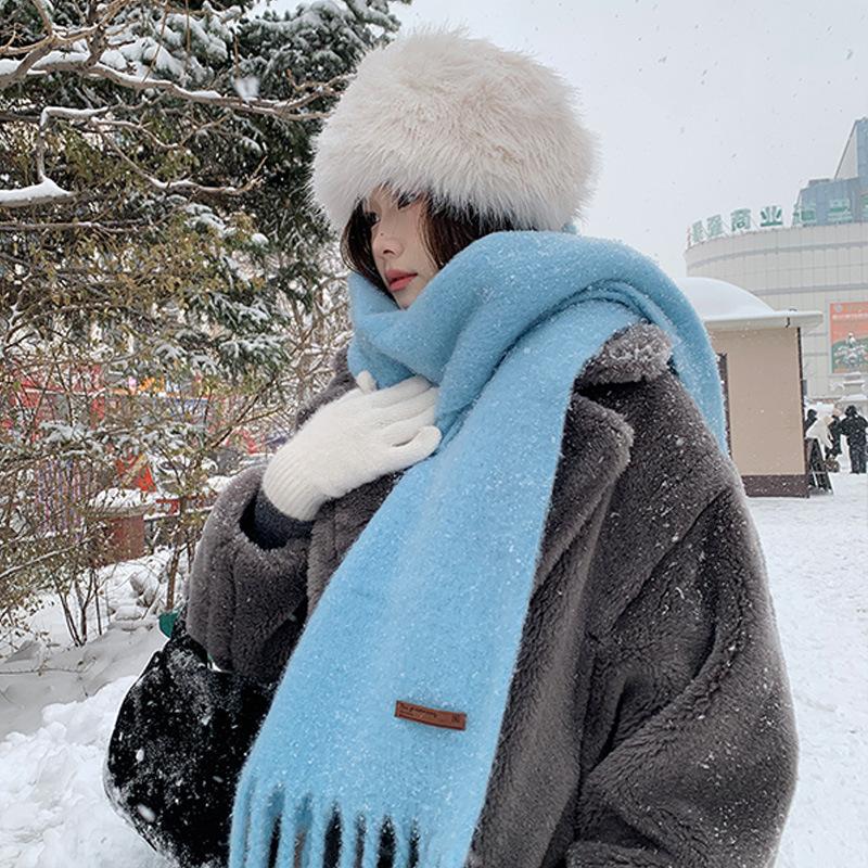 Wool Blended Solid Color Scarf Ice Blue Women's 24 Winter Atmosphere Warm Fringed Scarf