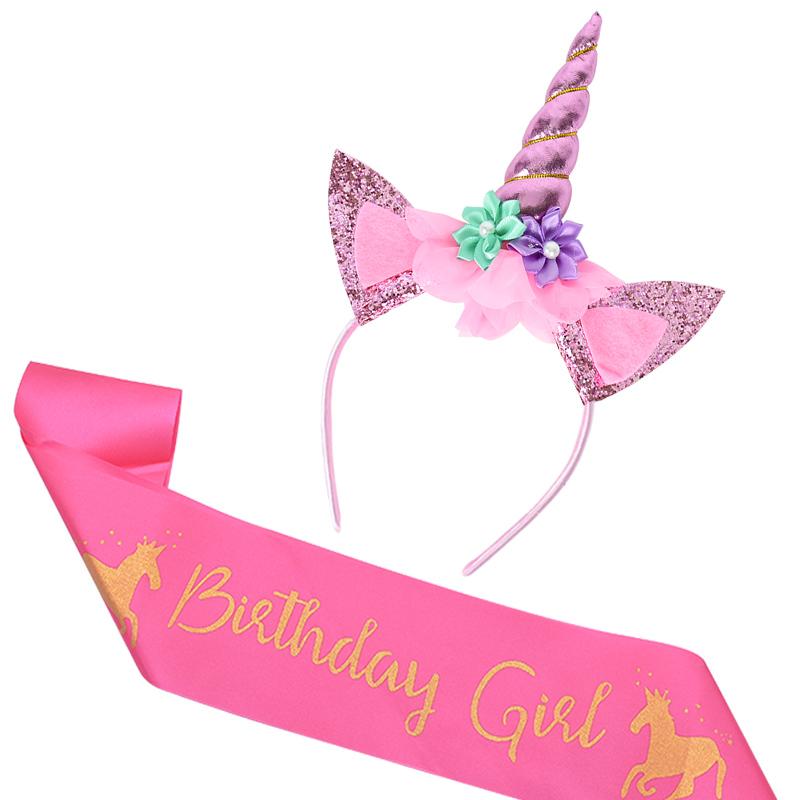 Unicorn Horn Headband Birthday Girl Sash Satin for Girl 1st Birthday Party Decoration Unicorn Theme Party Hair Band Baby Shower