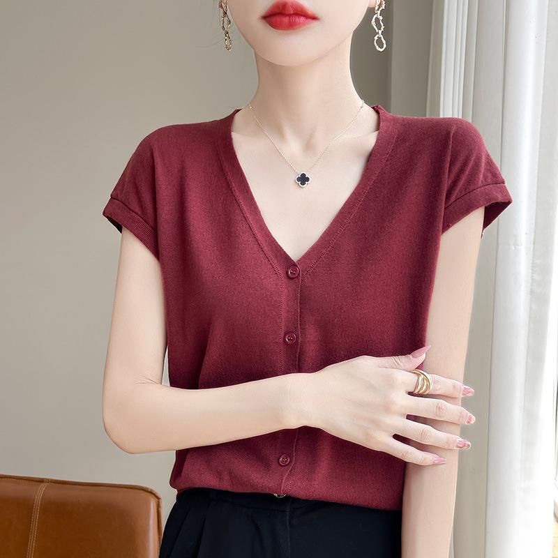 New Summer Style Wool Cardigan Thin V-neck Regular Sweater Women's Knitwear